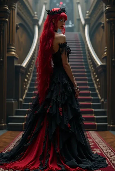 A blood-colored haired fairy woman wearing a black and red ball gown, turned with her back and facing a staircase that leads to a throne in a place with little lighting