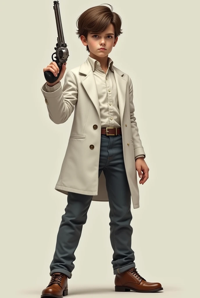 1 boy with white jacket and revolver, full body, brown hair 
