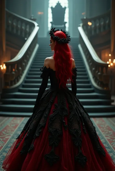 A blood-colored haired fairy woman wearing a black and red ball gown, turned with her back and facing a staircase that leads to a throne in a place with little lighting