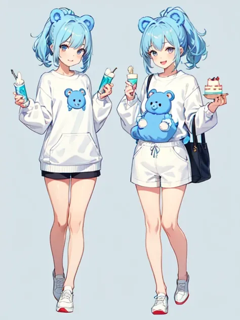 cute girl, cute light pale blue hair, hight ponytail, long hair , blue fantasy sweater, print of cooking bear on sweater, white shorts, white shoes, cute smile, pale skin, skinny body, blue flowers background, full body pose, godess, cakes, sweats, cute be...