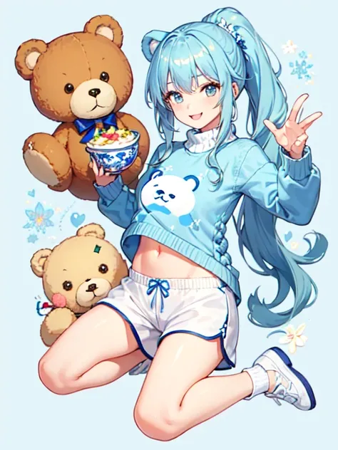 cute girl, cute light pale blue hair, hight ponytail, long hair , blue fantasy sweater, print of cooking bear on sweater, white shorts, white shoes, cute smile, pale skin, skinny body, blue flowers background, full body pose, godess, cakes, sweats, cute be...