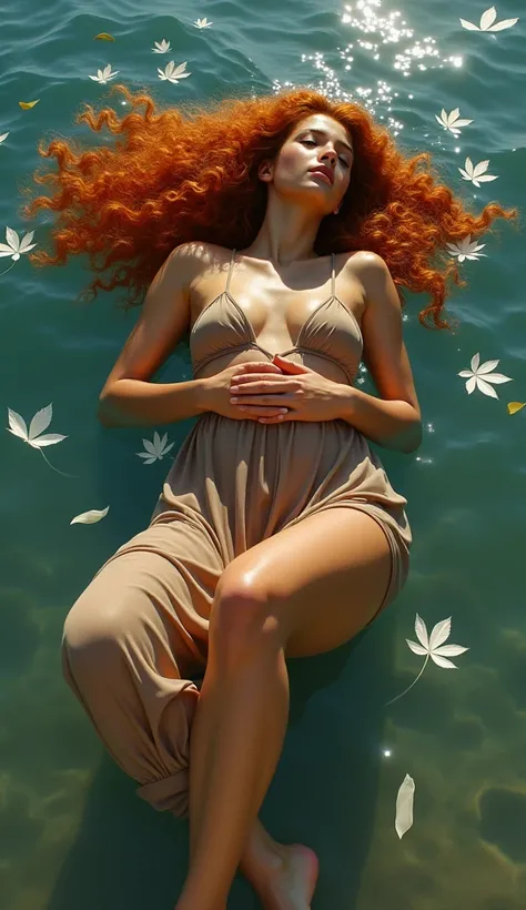 Mexican woman with long curly red hair, long orange red hair, wild red hair, orange skin, long hair, windy, fiery, flowing, shiny. . She wears a sheer brown silk dress that keeps her sexy and beautiful body in shape.. the site: The Lake. She floats on her ...