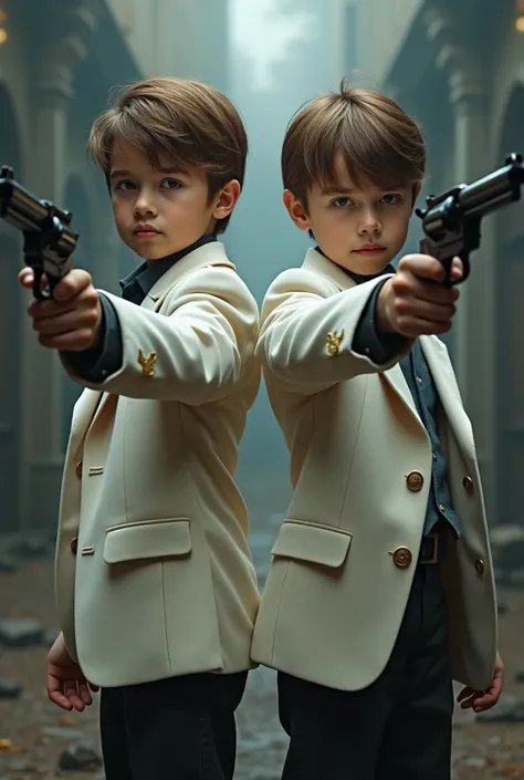 2 boy with white jacket and revolver, full body, brown hair 
