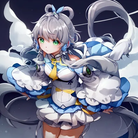 Let Luo Tianyi stand on the platform of Zuoying High-speed Railway Station。Luo Tianyi&#39;s eyes are green, her gray-blue hair is tied into a knot, her scarf is yellow, her skirt is light blue, and she has a pleated skirt. There happened to be a high-speed...