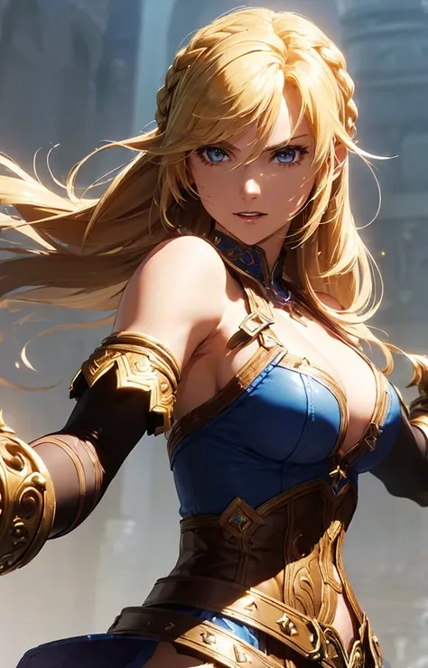 (masterpiece, best quality:1.3), Sophitia Alexandra, Soul Calibur, (upper body:1.5), 2, looking at viewer, gold hair, braid hair,  (evil look:1.5), 