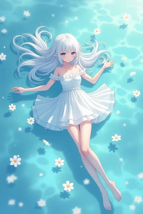 Create a girl with crystal blue eyes and white hair, she wears a short white dress, she is floating in the waters lying down with some white flowers floating in the crystal clear waters 

