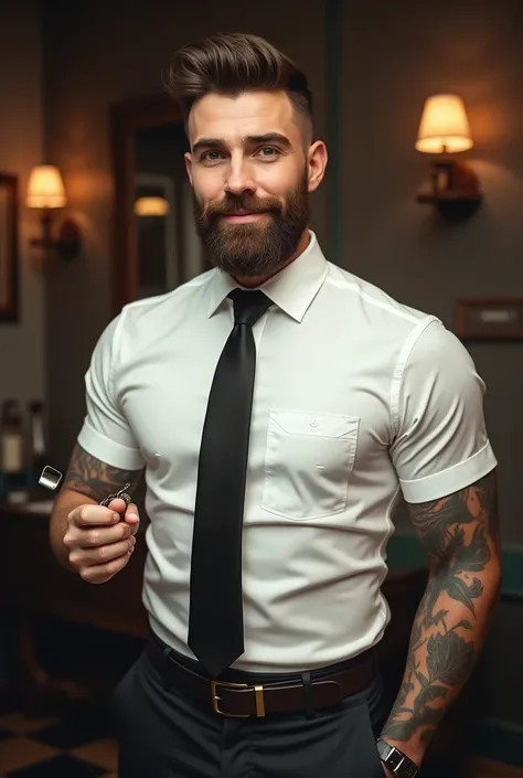 Generate an image of a handsome, well-dressed man whose profession is Barber. Vintage image, a realistic appearance, Traces of the European face, who has clear eyes, brown hair, the haircut style is the haircut, full and well-trimmed beard, with a friendly...