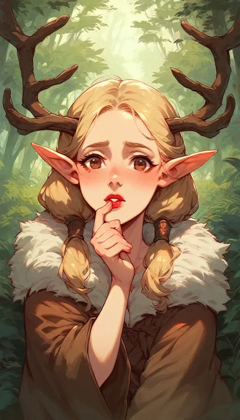 score_9, score_8_up, score_7_up, score_6_up, 1woman, blonde hair, twintails, brown eyes, druid, brown robe, bare legs, blushing, lipstick, fur-trim, antler horns, elf ears, forest, hand on mouth, looking at the viewer, solo, female focus