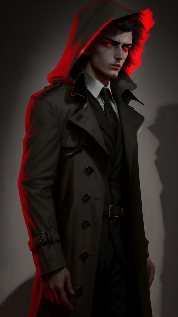 Hombre con cabeza de leon，Trench coat，luces outfits，in it，shadow, High resolution, hood, Red eyes, depth of field, film grain, illustration