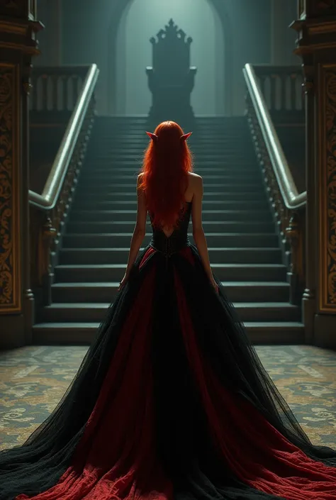 A fairy woman with blood-gold hair wearing a black and red ball gown, turned with her back and facing a staircase that leads to a throne in a place with little lighting