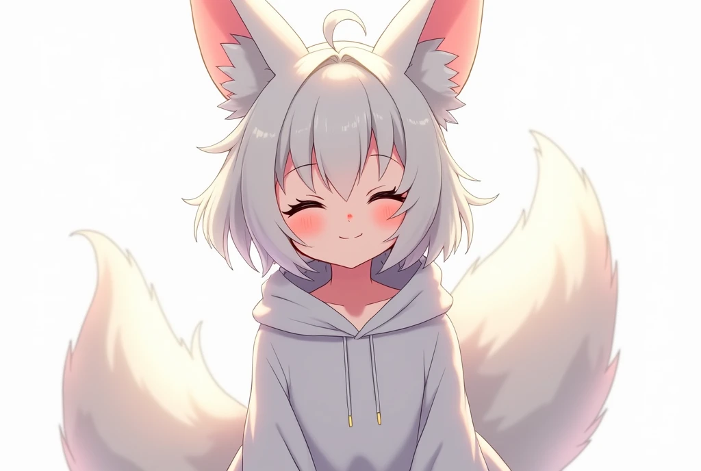 a beautiful detailed anime fox girl with white hair and fox ears, wearing a white hoodie, smiling with her eyes closed, against a simple white background, (best quality,4k,8k,highres,masterpiece:1.2),ultra-detailed,(realistic,photorealistic,photo-realistic...