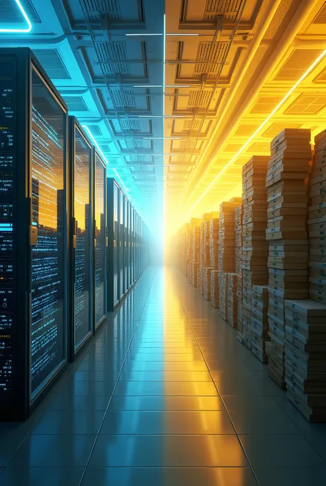 Create a 1920x1080 image split into two halves, illustrating document migration from physical to digital. On the left side, show modern data centers and digital storage, with data streams and digital files flowing into servers. On the right side, depict tr...