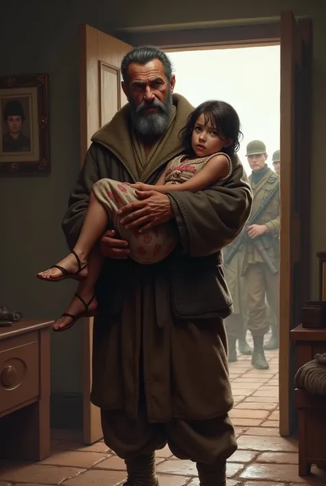 Village leader with his wounded daughter with a room behind him with the door open and many soldiers in another room 