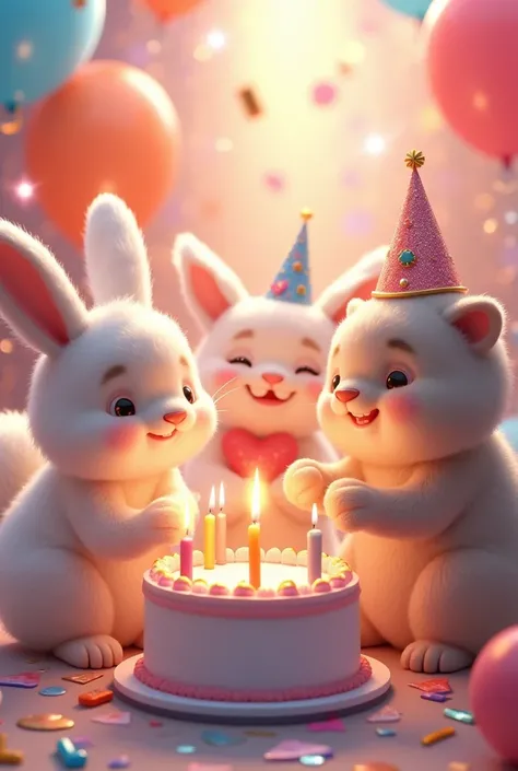 Smiling Rabbit、Smiling sheep、Smiling Cat、Celebrate with cake、balloon、Soap bubble、Confetti、masterpiece、Highest quality、Photon Mapping、High Contrast、Glitter、lame、Diamond particles、Multiple Exposure、gem、Light color、Subtle details、race、ribbon、Gorgeous、cute、Nak...