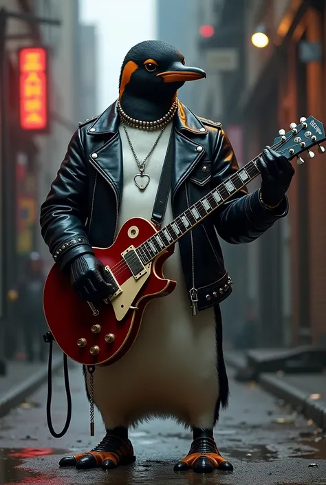 Rocker penguin with guitar and leather jacket, context " Ramiro Nelson"