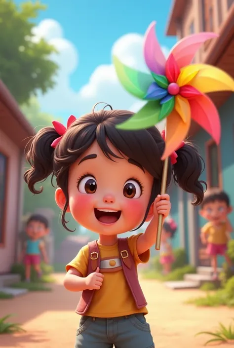 Colorful spinning pinwheel, cute child in 4k drawing cute with pigtails, holding a colorful pinwheel, written inamar community in the background