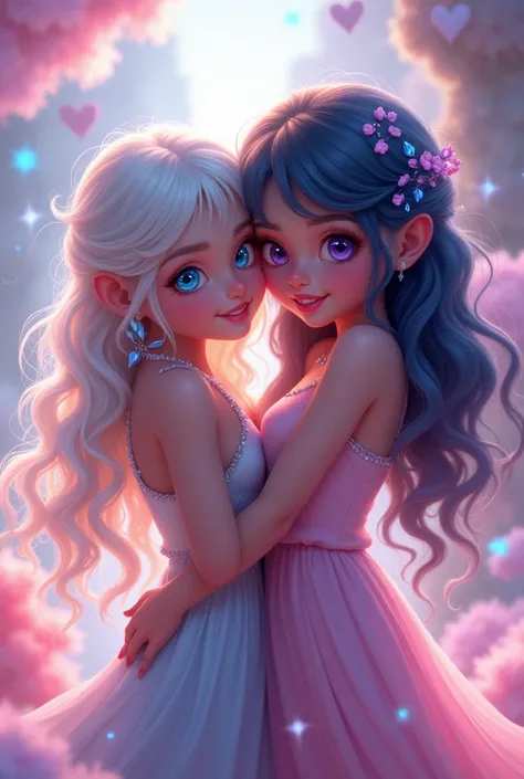 Create a girl with crystal blue eyes and white hair, she is hugging her friend with purple eyes and dark blue hair with pink highlights 

