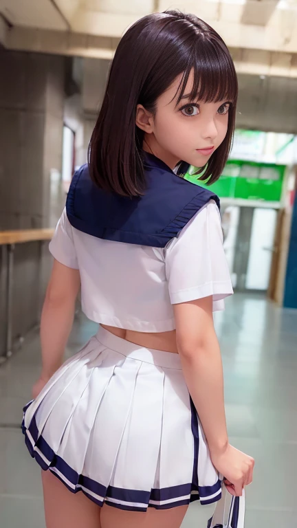 (((White short-sleeved sailor uniform for students:1.2、Dark navy blue pleated student mini skirt、White socks)))、From behind、Rear view、1 girl、Bob Hair、High Ponytail、Student bag、Walking through a subway station、Masterpiece:1.3、Raw photo quality、Highest quali...