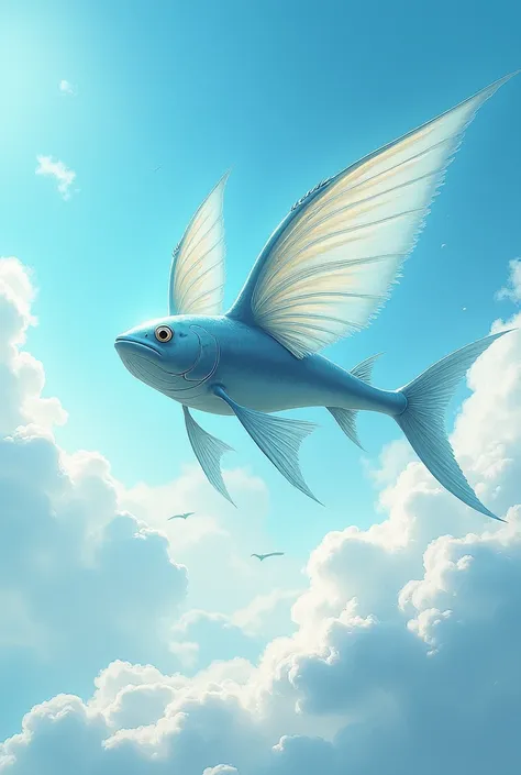 A Flying fish, a fish with wings attached, clouds, sky, best quality, impressionism, 