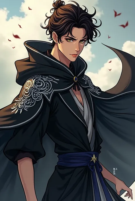 Make a murim manhwa character, with curly brown hair, he has black eyes, He is wearing a black cloak with white details, He is a man and handsome with the appearance of a 20 year old man. I don&#39;t want a realistic character just from murim manhwa.