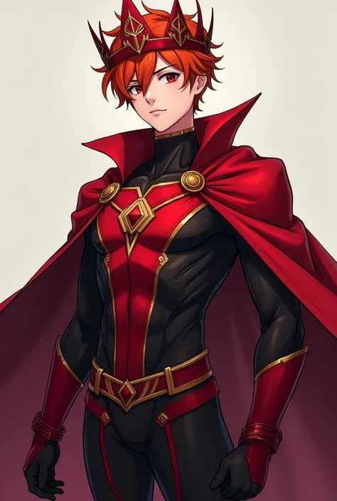 Create a light-skinned male anime character wearing a Scarlet Witch costume but as a man, The suit has to be dark red with super dark red tones, It doesn&#39;t have to have a head but it does have hair, The hair has to be orange-red in color and short hair...