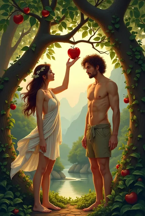 Create an image in tiktok format " Adam and Eve eating the apple fruit 