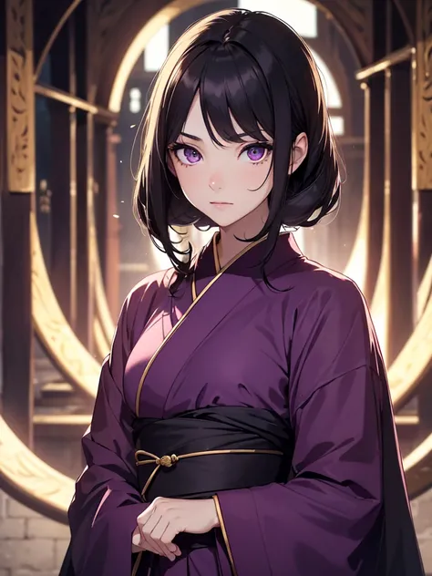 (8K, Best Quality, Masterpiece, Ultra High Resolution) Single Person, 1 Girl, Cute Eyes, Face Details, Pale Skin, Slender, Tall, Dark Black Hair, Long Hair, Hazel Eyes, Village, Kunoichi, Purple Kimono, Best Quality, Upper Body, Looking at the Viewer, Faci...