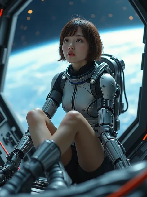 Angle from below, Japanese woman, cute face, short hair, brown hair, blurred background, blur, background is cockpit of future spaceship, Galaxy, Earth, chromatic aberration, knee high, looking up, blur, Photo_Curly, silver and navy stainless steel future ...