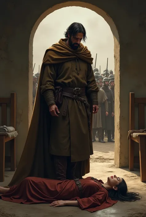 Village leader with his 20 year old daughter injured on the floor with a room behind him with the door open and many soldiers in another room medieval brown clothing