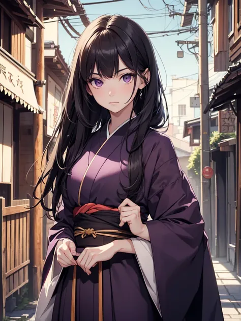 (8K, Best Quality, Masterpiece, Ultra High Resolution) Single Person, 1 Girl, Cute Eyes, Face Details, Pale Skin, Slender, Tall, Dark Black Hair, Long Hair, Hazel Eyes, Village, Kunoichi, Purple Kimono, Best Quality, Upper Body, Looking at the Viewer, Faci...