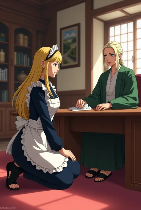 (photorealism:1.2), The character Boa Hancock from One Piece and the character Tsunade from Naruto. Tsunade is sitting in the Hokages office doing her work. Hancock is kneeling on the floor next to Tsunade wearing a maids uniform and cleaning Tsunades shoe...