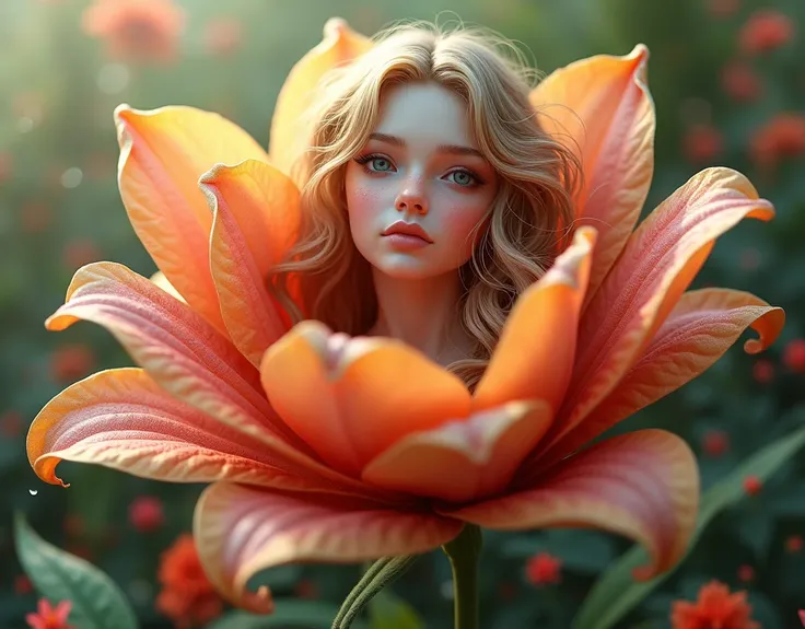 a beautiful flower fairy, intricately detailed, hyperrealistic, perfect face morphing from a flower, wearing a long flowing chiffon gown, colourful petals with dew drops in the style of art nouveau, masterpiece, 3d, uhd, best resolution