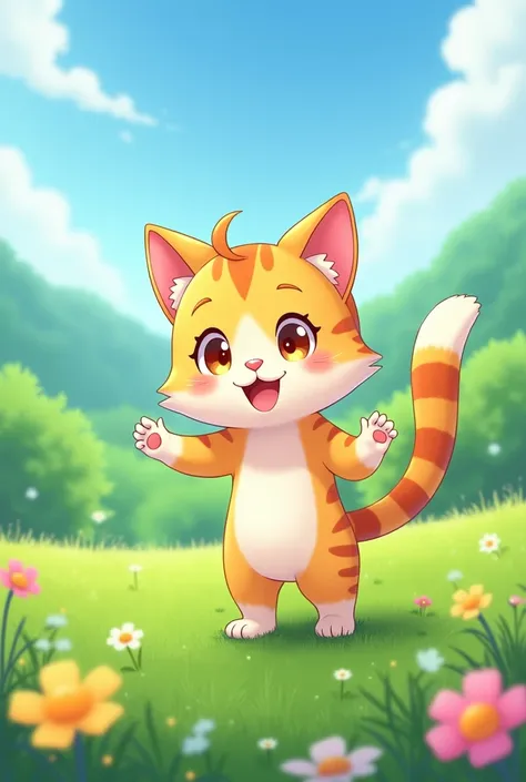  with ears and tail of happy anime sexual cat in the field