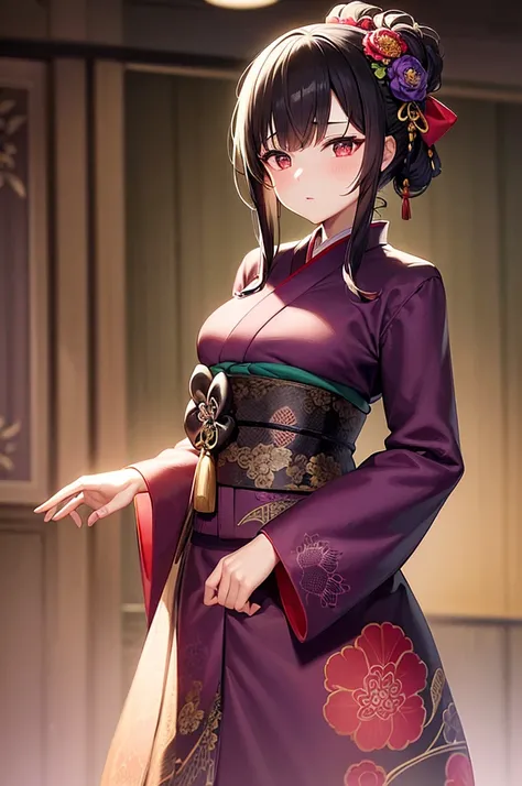 Traditional kimono with intricate floral patterns, Mainly in shades of black and purple, Complete with a vibrant red sash and bow. Stylish hair decorated with flowers and hair accessories, With tassels,both hands, Connotes a calm and composed attitude.The ...