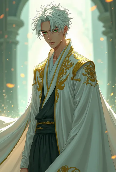 Make a murim manhwa character, with white hair, he has dark green eyes, He is wearing a white cloak with gold details, He is a man and handsome with the appearance of a 20 year old man. I don&#39;t want a realistic character just from murim manhwa.