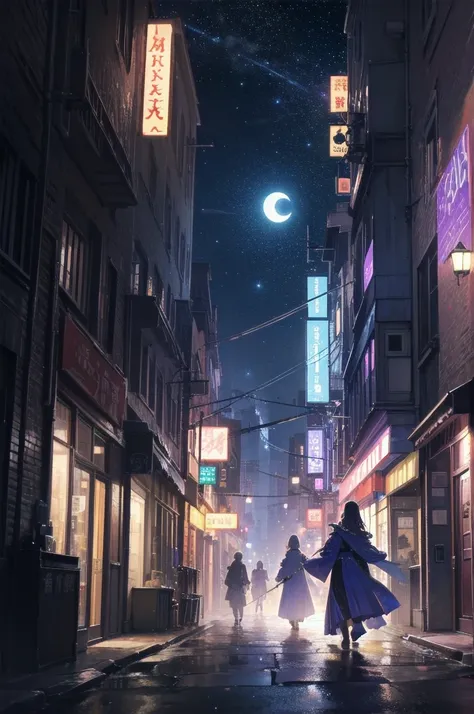 masterpiece, 8K, Highest quality, Very detailed, Purple & Blue magical robe with a moon motif、(building, city、A dense fog of fluorescent particles、１８００Era、Western style、Fiction、grow、Overwhelming、Detailed street）