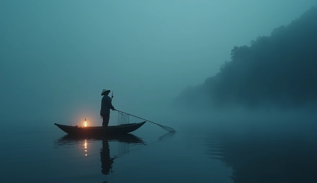 "A nighttime scene on the Yangtze River with heavy fog rolling over the waters surface. In the foreground, a Chinese fisherman in a conical hat stands on a small wooden boat with a long pole, casting his net into the dark waters. The dim light from a lante...