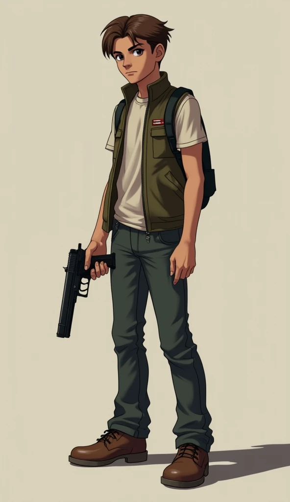 1 teenager in vest with brown hair holding a gun in his right hand full body