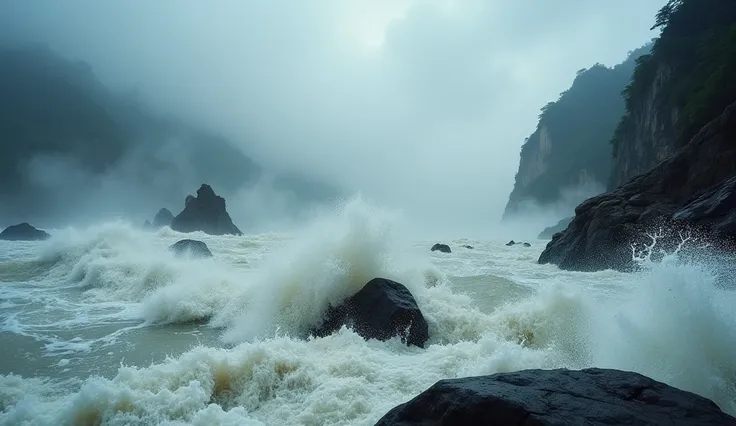 "A dramatic close-up of a rapid section of the Yangtze River with large waves crashing against sharp rocks. The water is white and foamy from the turbulence, and the jagged rocks are dark and wet. Mist rises from the raging waters, and the sky is overcast ...