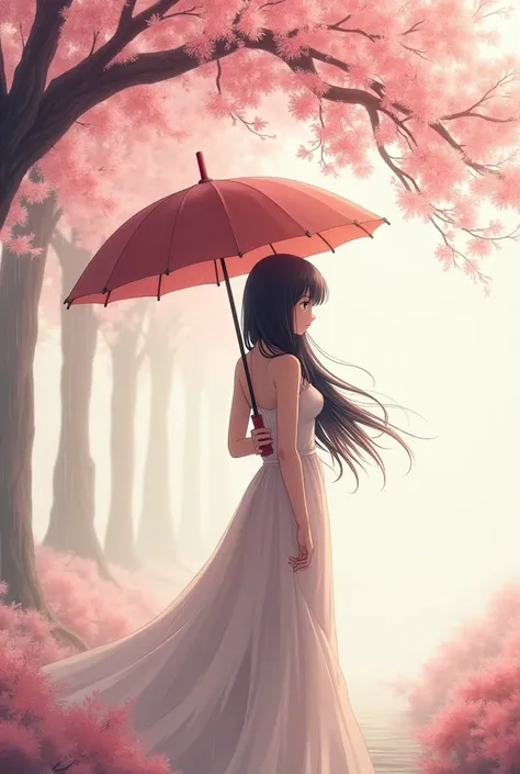 An anime woman with an umbrella over her head holding it by her left hand. Shes standing under a sakura tree. She and the tree are in warm color tone. And tbe background is faded white tone. She had black long hair and black color eyes. 