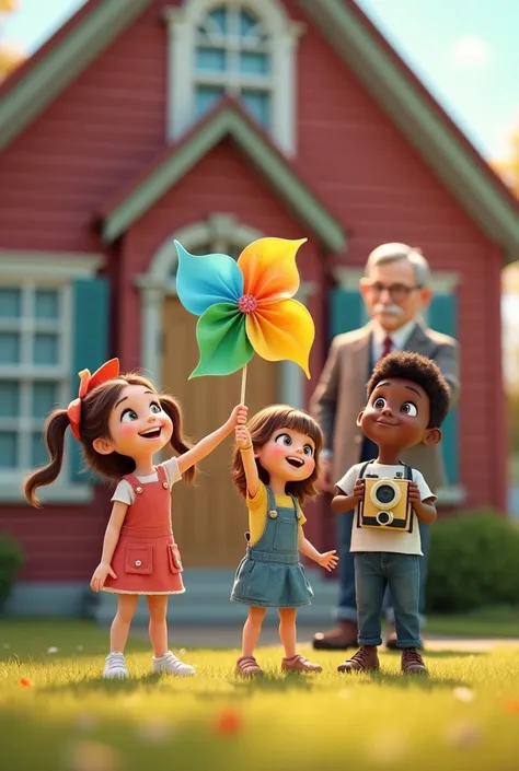 cute kids in cartoon 4k, 2 cute girls with pigtails and 2 cute boys, one white and one black, holding a colorful pinwheel, School in the background, elderly male teacher with old camera in hand 