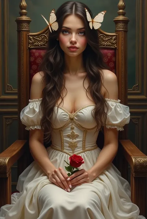 best qualityer, work of art, painting oil on canvas, tanned white skin 
(a deopt-graciedzienny painting by Crvgg, long dark brown hair, lilac violet eyes, some butterfly ornaments, wearing a marquise outfit, long and loose hair, holding a rose, sitting on ...