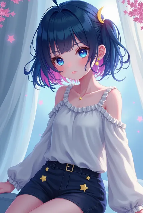 Create a girl with dark blue hair and pink highlights, turquoise eyes She is wearing a white blouse with long sleeves and black shorts with star-shaped details. She is also wearing moon shaped earrings. 