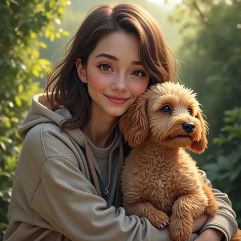 Woman in her late 20s　semi-long　dog(Dachshund and Poodle mix)Together
