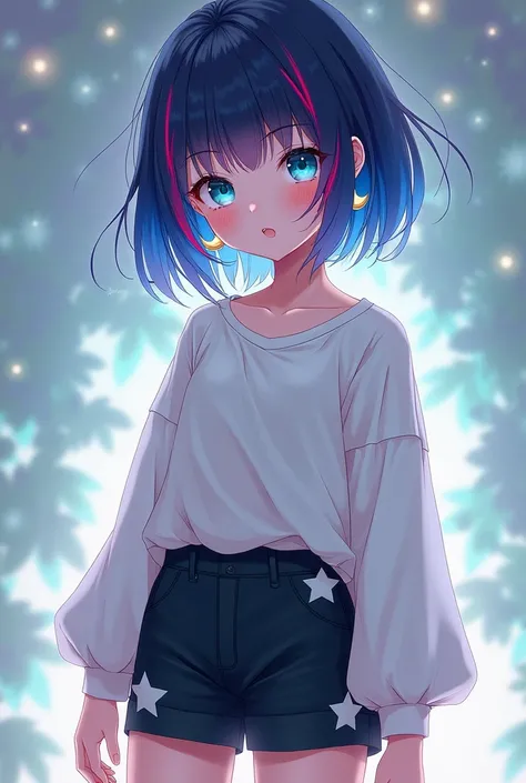 Create a girl with dark blue hair and pink highlights, turquoise eyes She is wearing a white blouse with long sleeves and black shorts with star-shaped details. She is also wearing moon shaped earrings. 