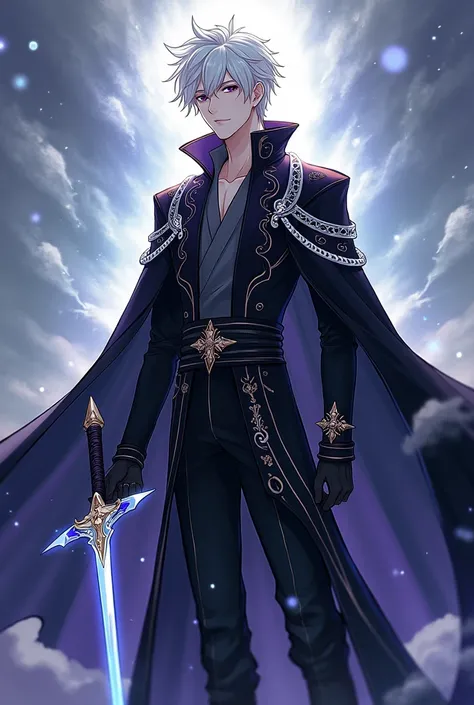 Make a murim manhwa character, with white hair, he has dark purple eyes, He is wearing a black cloak with white and gold details, he is holding a cosmic sword,He is a man and handsome with the appearance of a 20 year old man. I don&#39;t want a realistic c...