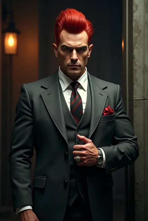 Man Age 35 years Red pompadour hair Mafioso suit 

