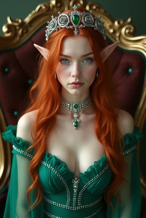 In this alluring photoshoot, we see a young, gorgeous 20 year old redheaded elf with long red hair and pale blue eyes. She is wearing a daiphanous forest green formal gown with silver trim, she is wearing a beautiful rose patterned silver tiara with a hear...