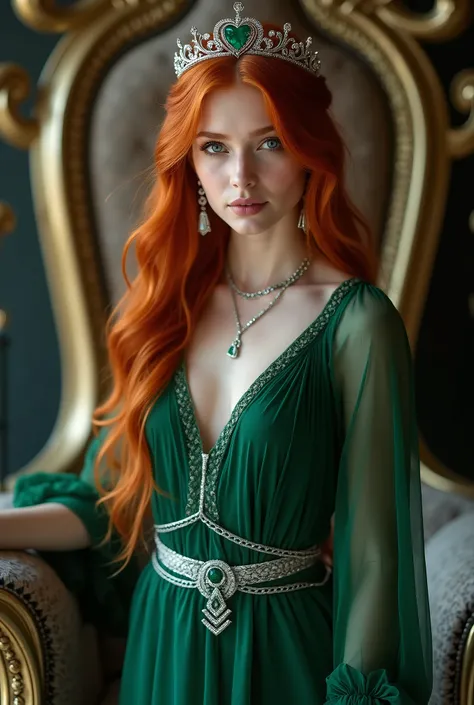 In this alluring photoshoot, we see a young, gorgeous 20 year old redheaded elf with long red hair and pale blue eyes. She is wearing a daiphanous forest green formal gown with silver trim, she is wearing a beautiful rose patterned silver tiara with a hear...