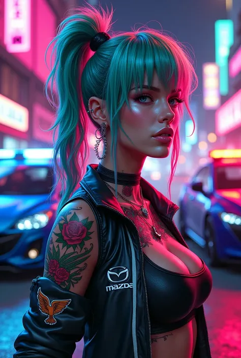 Create a digital art illustration of a tough and stylish female with a neon cyberpunk aesthetic. She has brightly colored hair in shades of green, blue, and pink styled in a high ponytail. Her face is adorned with multiple piercings, including a septum rin...